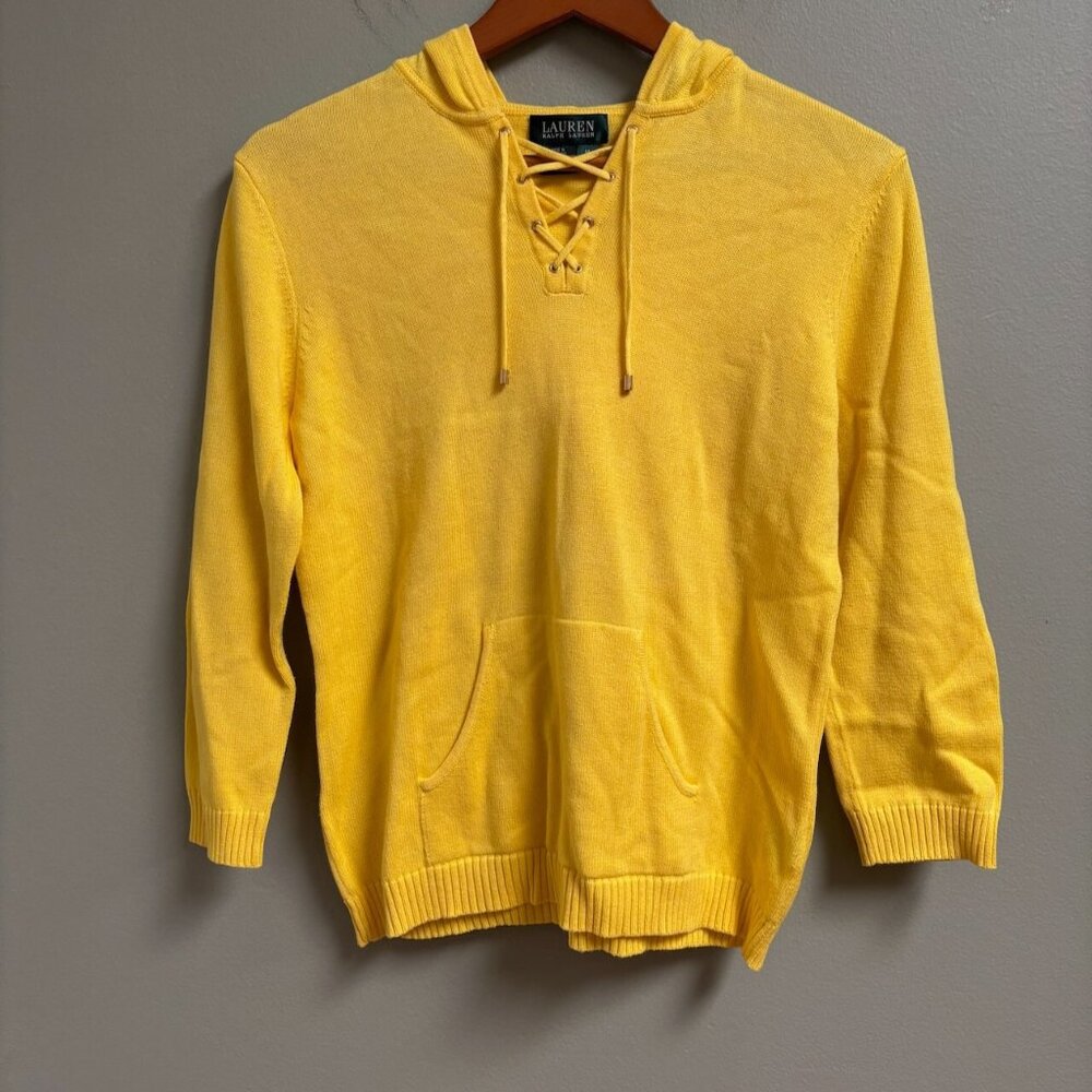 Lauren Ralph Lauren Womens Y2K Lace Up Front Sweater Hooded Size M Yellow Preppy